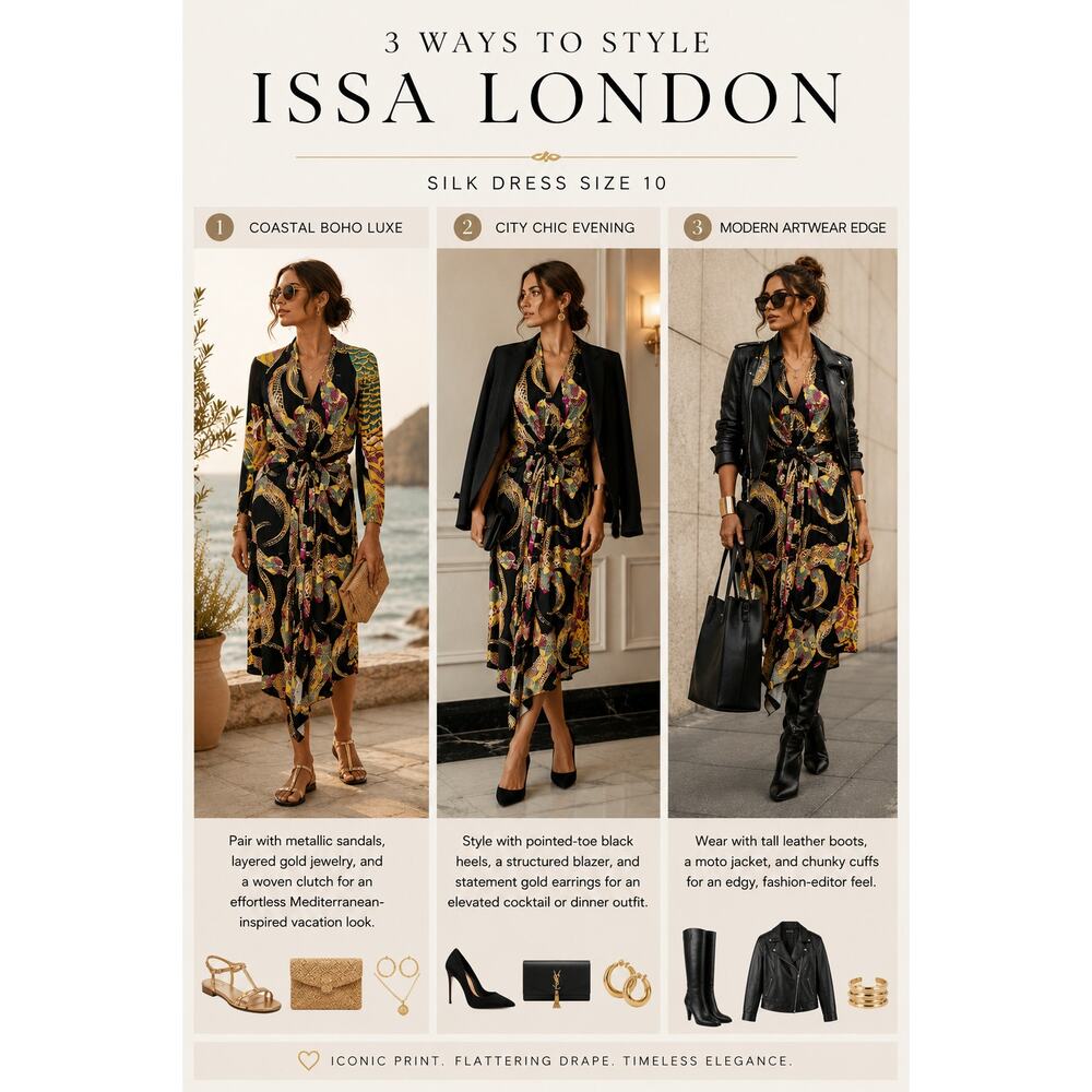 Issa London Silk Dress Womens 10 Black Abstract Print Wrap Midi Designer Luxury - Picture 3 of 9